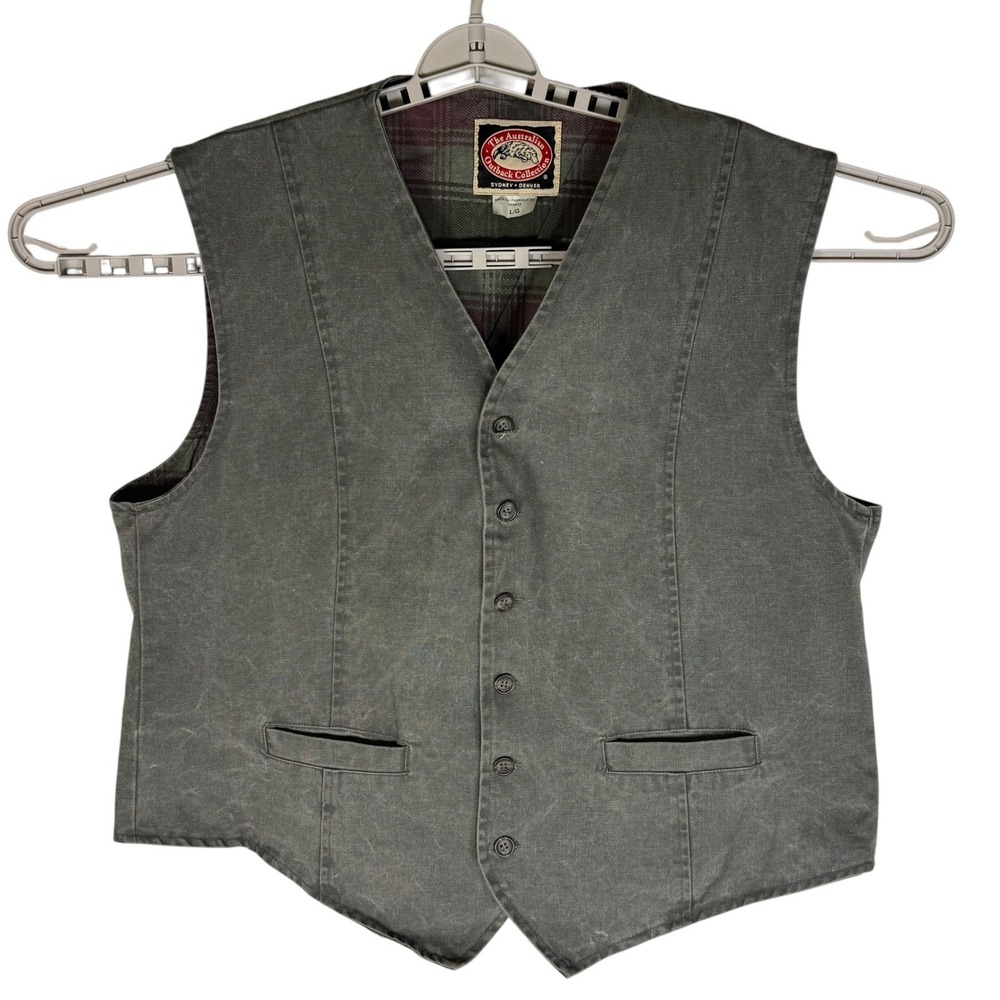 Australian Outback Collection Mens Grey Cotton Canvas Plaid Lined Vest Large - Picture 2 of 7